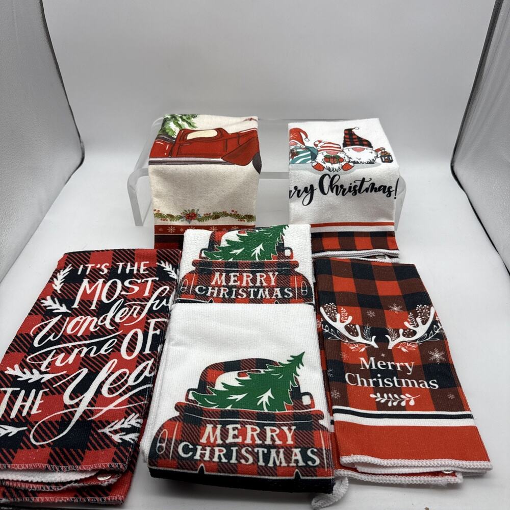 Set of 6 Christmas Microfiber Kitchen Towels To 15.5" x 23” W:Snaps To Hang READ